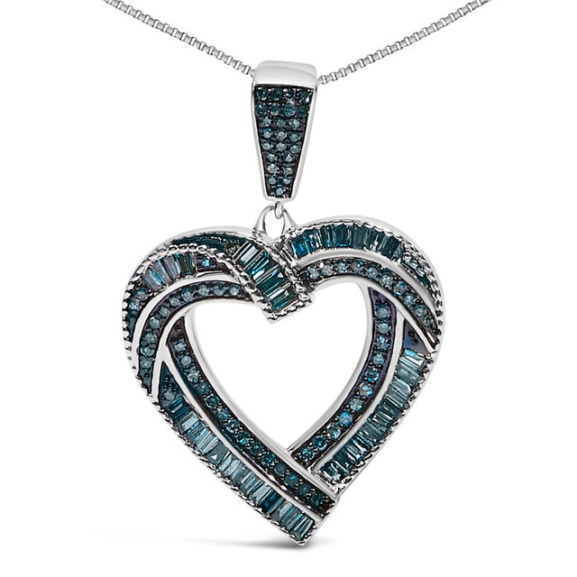 Contemporary .925 Sterling Silver 1.00 Cttw Baguette and Round Blue Diamond Open Heart Pendant Necklace For Sale - Image 3 of 4