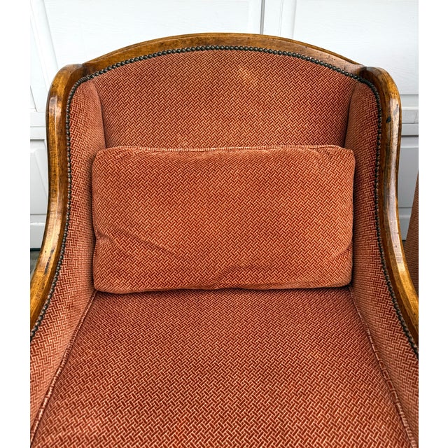 Cal-Mode Pair of Vintage Cal-Mode French Walnut Lounge Chairs in Terracotta Upholstery For Sale - Image 4 of 16