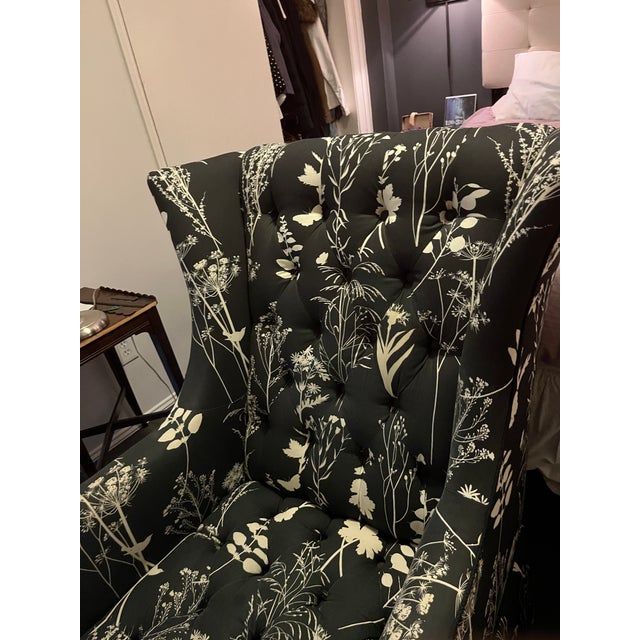 Custom made: beautiful tufted back to seat with decorative upholstery tacks boarder of tailor skirt. 44”H x 30” D ( front...