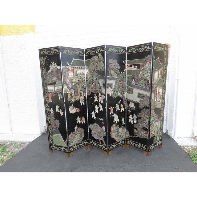 Asian Oriental Tall Six Panel Hand Painted Privacy Screen Room Divider 6439 For Sale - Image 16 of 18