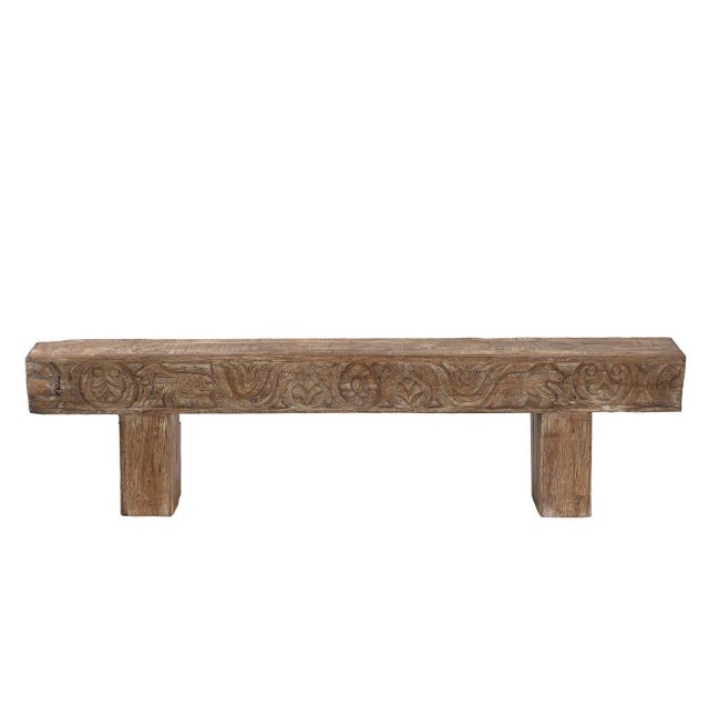 Farmhouse Indian Carved Front Rustic Teakwood Bench For Sale - Image 3 of 4