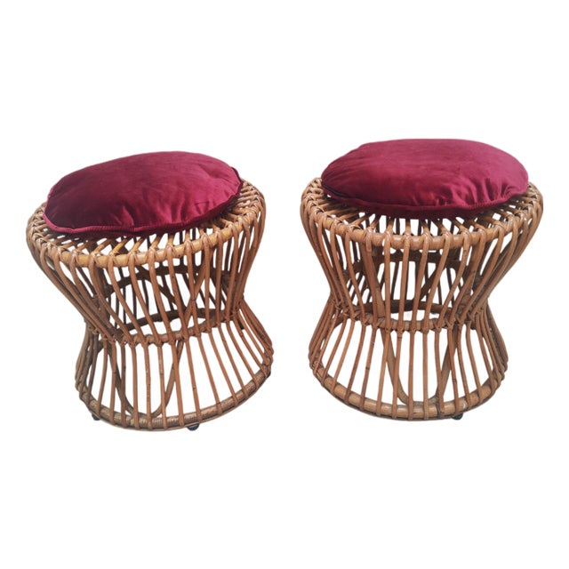 Rattan Stools, Italy, 1970s, Set of 2 For Sale
