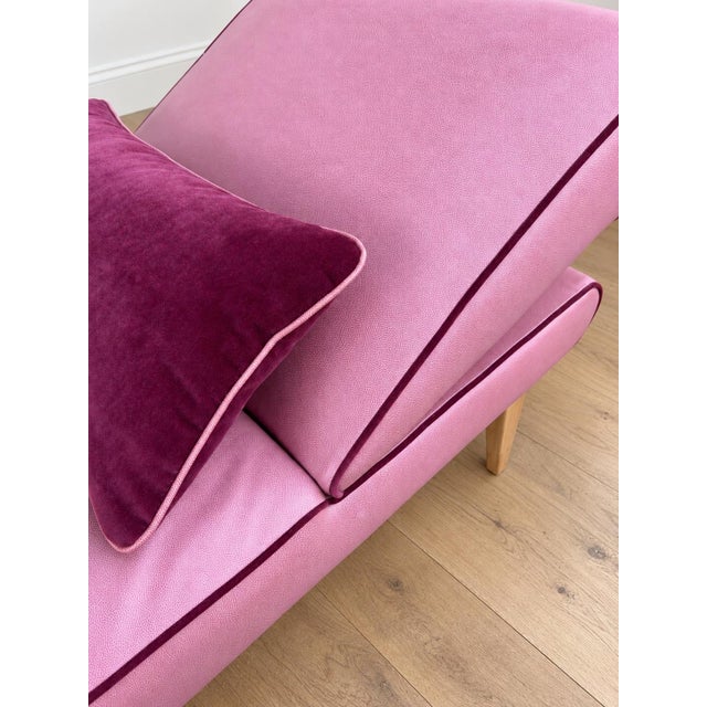 Wood Mid Century Modern Chaise With Adjustable Head Rest. Freshly Reupholstered in Pink Leather Accented With Cherry Mohair Welting. For Sale - Image 7 of 7