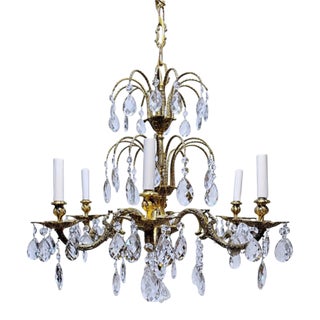 1930's Ornate Bronze Chandelier With Crystal Pendant For Sale