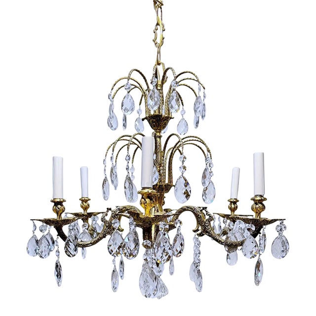 1930's Ornate Bronze Chandelier With Crystal Pendant For Sale