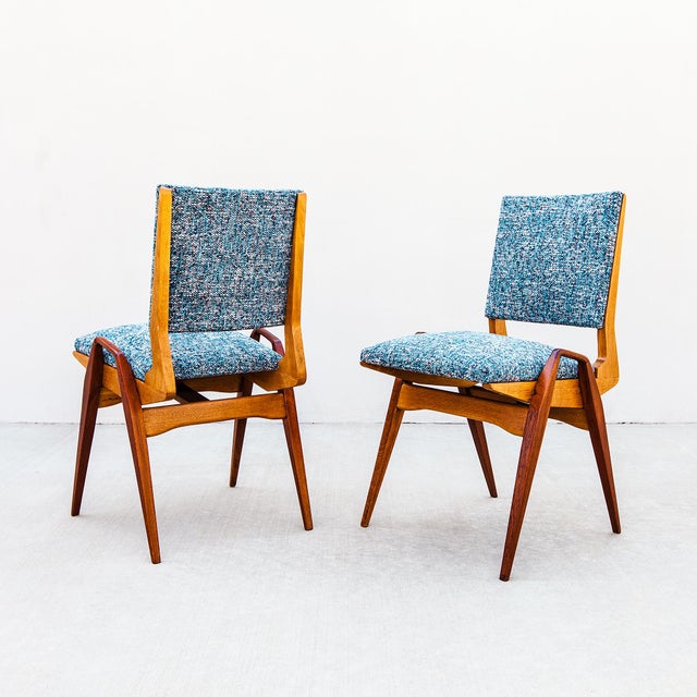 Maurice Pré Attributed Mid Century Modern Oak & Mahogany Dining Chairs, France 1950s For Sale - Image 9 of 14