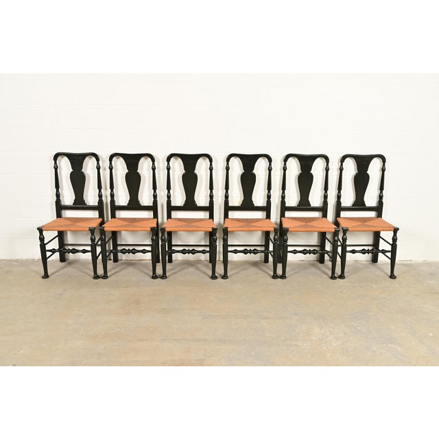 American Eldred Wheeler Early American Green Lacquered Rush Seat Dining Chairs, Set of Six For Sale - Image 3 of 11