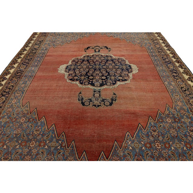 Antique Bidjar Style Wool Rug in Terracotta & Indigo, Hand-Knotted Medallion For Sale - Image 10 of 12