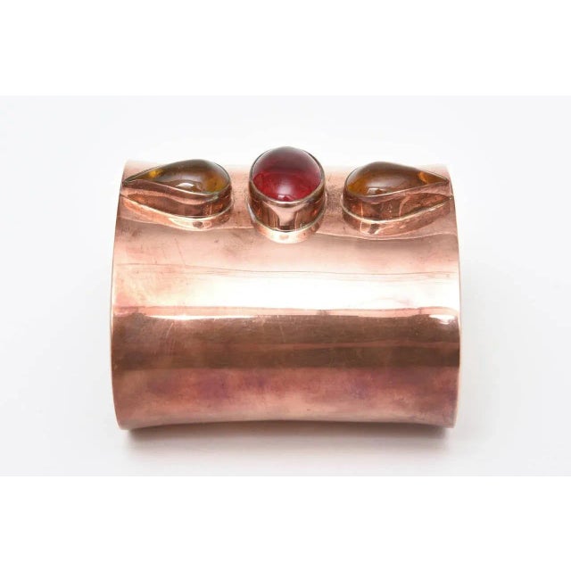 Modern Hallmarked Copper Wide Cuff Bracelet With Red, Yellow Amber Glass Stones 90's For Sale - Image 3 of 10