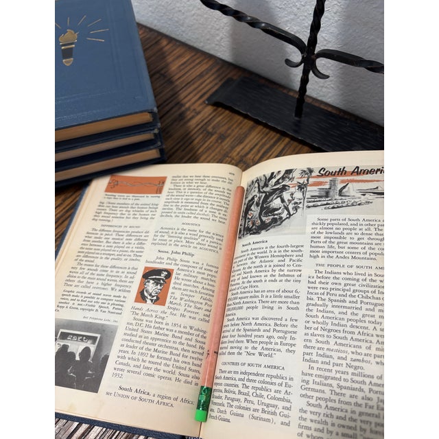 1950s Vintage Monochromatic Silvery Blue/ Navy Encyclopedia Hardcover Stack - Set of 4 - Royal Octavo Format - Volumes 14-16 & 18 - Dark Academia Decor For Sale - Image 5 of 8