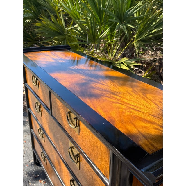 1970s Raymond K. Sobota for Century Furniture Chin Hua Burlwood & Brass Campaign Chest / Dresser For Sale - Image 10 of 13