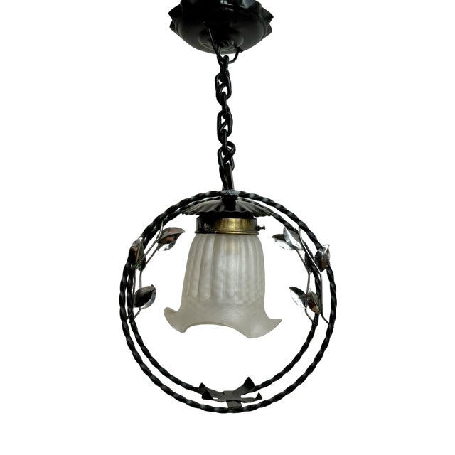 Swedish Modern Wrought Iron Pendant Lamp with Organic Leaf Decor, 1940s For Sale