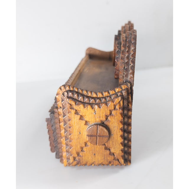 Early 20th Century Carved Folk Tramp Art Wood Wall Shelf Match Holder For Sale - Image 4 of 12