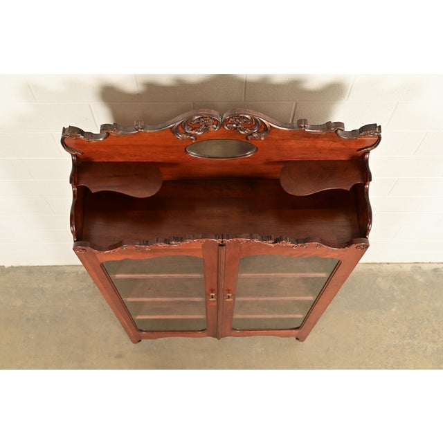 Antique Victorian Carved Cherry Wood Two-Door Bookcase Cabinet, Circa 1880s For Sale - Image 9 of 12