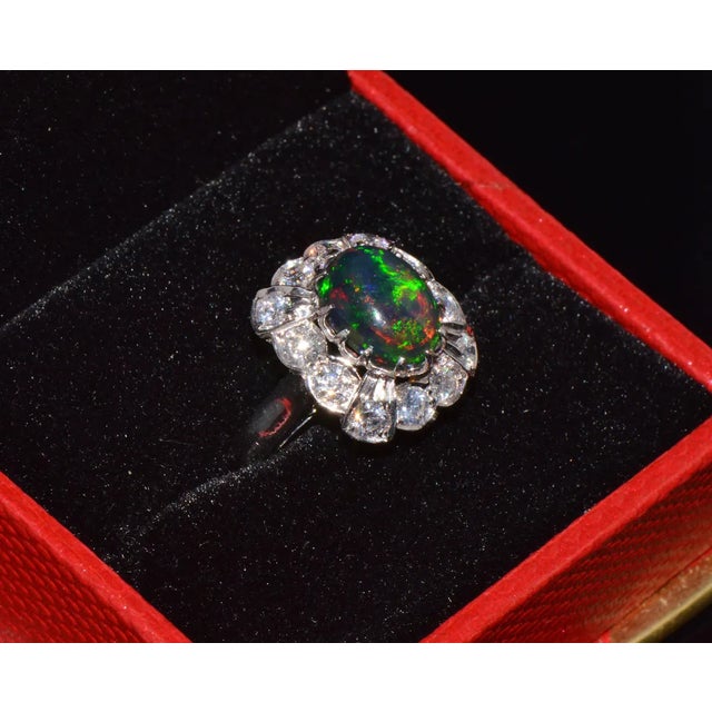 Green Certified Natural 2.69Cts VS F Diamond Black Opal 18K Solid Gold Tiered Dome Ring, size 6.25 For Sale - Image 8 of 10