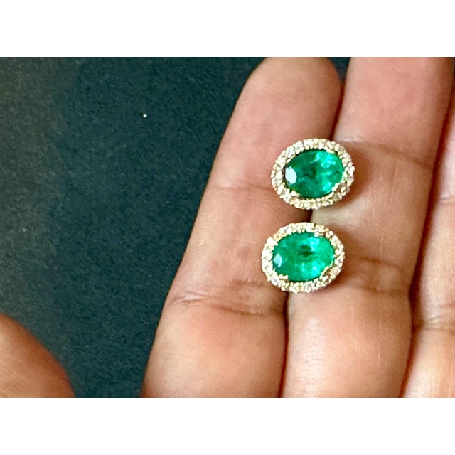 6 Carat Oval Shape Emerald and Diamond Post Back Earrings 14 Karat Yellow Gold For Sale - Image 4 of 18