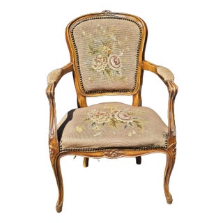 Mid Century Provincial Style Tapestry Upholstered Needlepoint Armchair For Sale