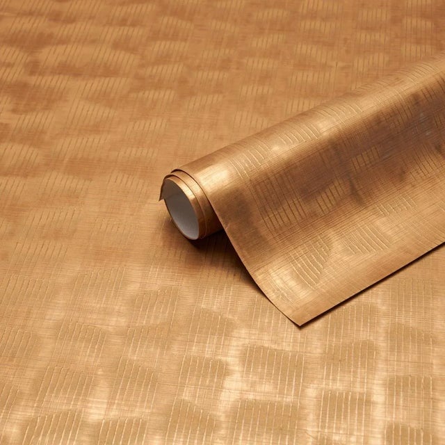 Schumacher SAMPLE - Schumacher x Patterson Flynn Rune Pinstripe Wallcovering Wallpaper In Gold For Sale - Image 4 of 4