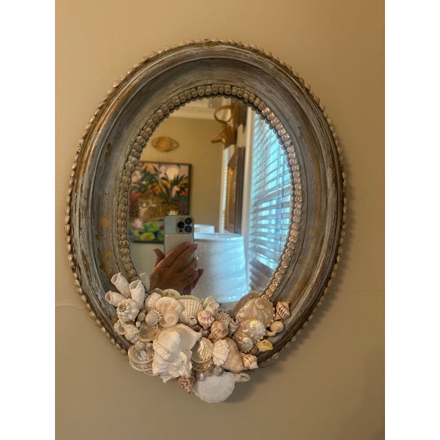 Baby Blue Vintage Shell Art Mirror For Sale - Image 8 of 10