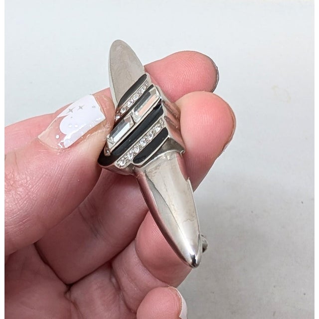 Givenchy Vintage 1980s Signed Givenchy Art Deco Style Rhodium Black Enamel & Clear Rhinestone Brooch For Sale - Image 4 of 12