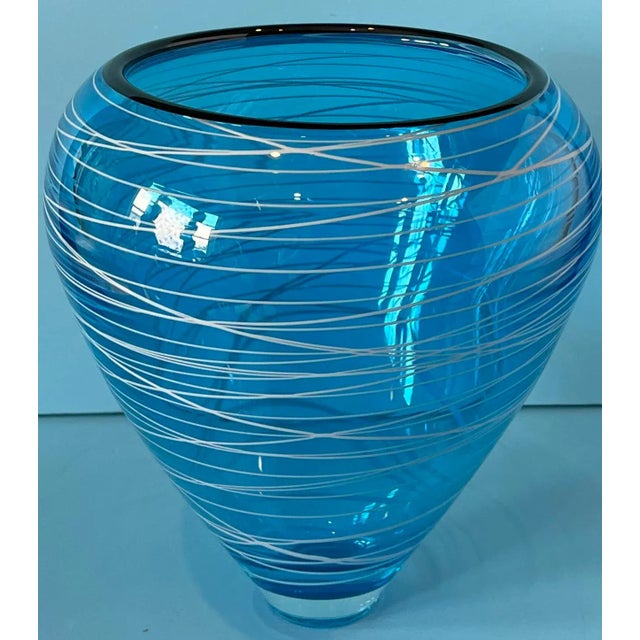 Abstract Art Glass Vase Blue With White Swirls For Sale - Image 3 of 13