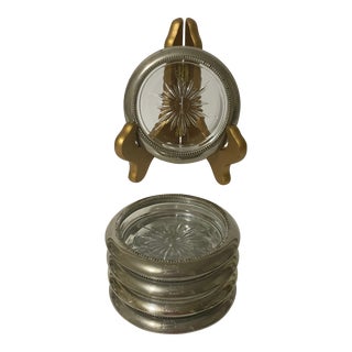 Vintage Starburst Glass Coasters by Leonard Silverplated Clear Set of 6 Italy For Sale