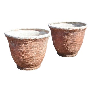 Vintage Red Distress Paint Fiberglass Round Garden Planter Pots Faux Stone Pair For Sale