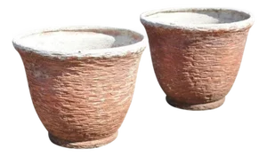 Vintage Red Distress Paint Fiberglass Round Garden Planter Pots Faux Stone Pair