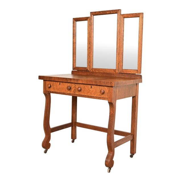 Antique American Empire Tiger Oak Vanity Dressing Table With Mirror, Circa 1900 For Sale