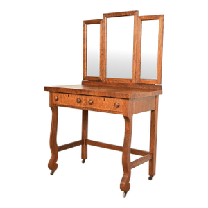 Antique American Empire Tiger Oak Vanity Dressing Table With Mirror, Circa 1900