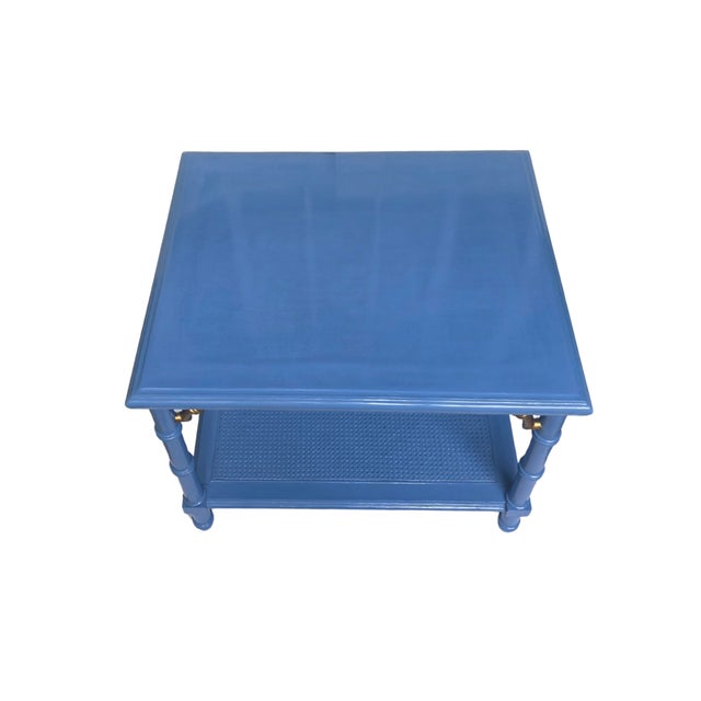 1970s Lane Altavista Wedgewood‑Blue Bamboo‑Style Table • Brass Brackets • Cane Shelf For Sale - Image 9 of 10