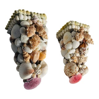 Vintage Great Pair of Coastal Sea Shell Encrusted Wall Brackets For Sale