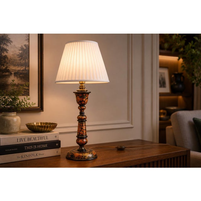 Boho Chic Antique Hand-Painted Kashmiri Wooden Table Lamp Base, 1910s For Sale - Image 3 of 16