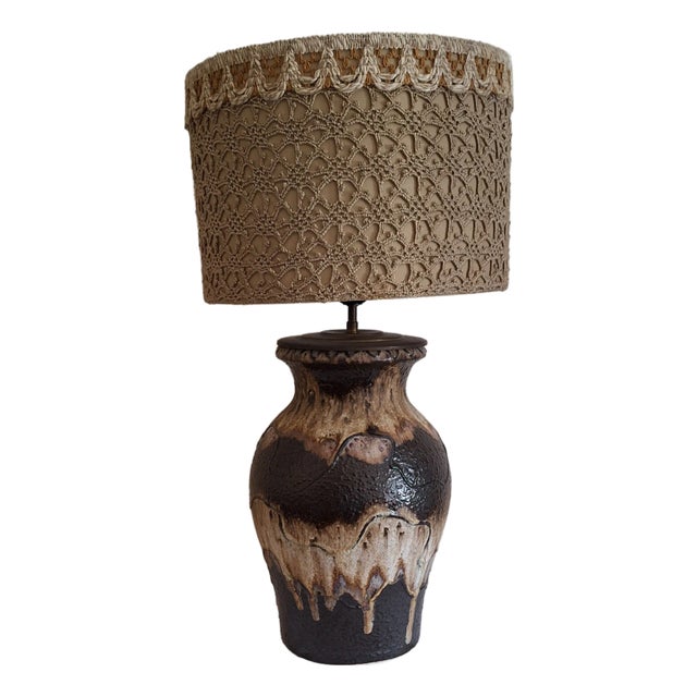 Vintage Brown Fat Lava Ceramic Table Lamp with Fabric Shade, 1970s For Sale