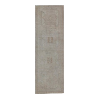 Vintage Turkish Oushak Runner in Soft Taupe and Pale Light Blue 3'7 X 11'1 For Sale
