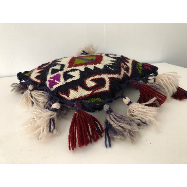 Turkish Vintage Handmade Pillow Turkish Wool Kilim With Tassels and Hearts For Sale - Image 3 of 4