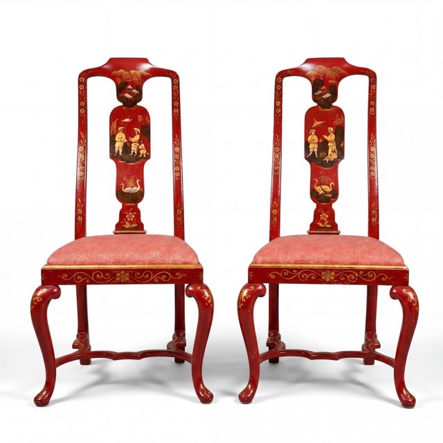 This is a lovely pair of 1950s Venetian red chinoiserie side chairs with Queen Anne styling. The frames are hand painted,...