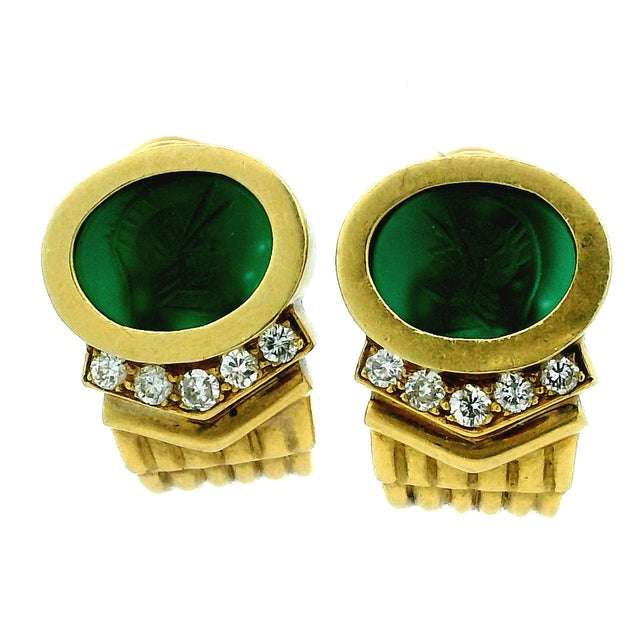 1980s GWK 18k Gold Chrysoprase Intaglio Diamond Earrings, Pair For Sale - Image 9 of 12