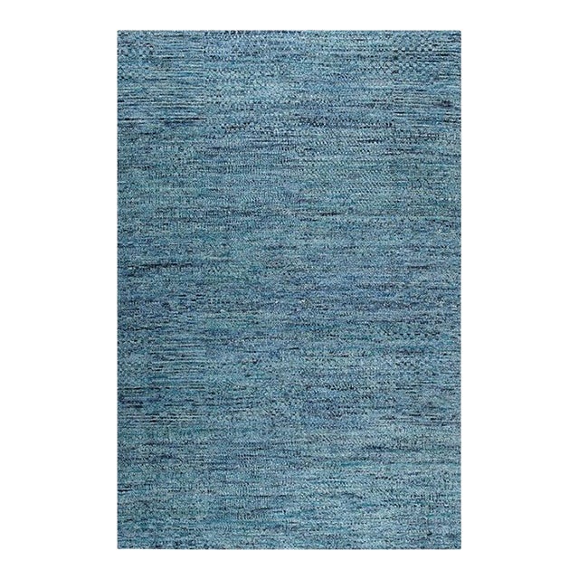 9x12 Blue Hand-Knotted Silk Woven Horizon Open Field Solid Modern Carpet Rug For Sale