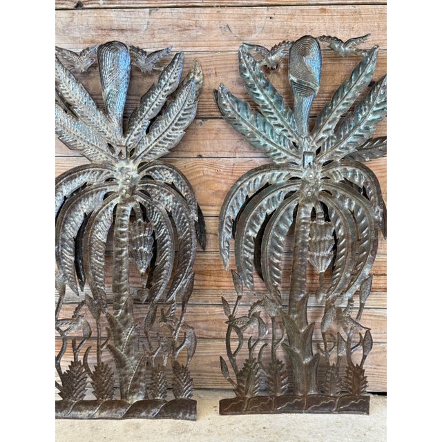 Mid-Century Modern Pair of Handcrafted Haitian Recycled Steel Palm Tree Wall Sculptures For Sale - Image 3 of 12