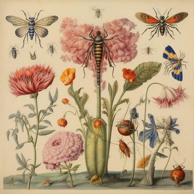 Set of 6 - 54" X 36" Gallery Wall Installation 'Insects and Flowers' Botanical Floral Prints, Unframed For Sale - Image 4 of 9