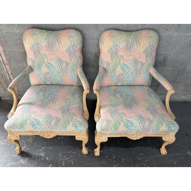 A Pair of Palm Beach Regency Coastal Style Bergere Armchairs by Sherrill Furniture. Circa 1980s Feature a postmodern take...