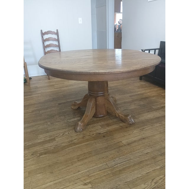 Mid-Century Modern Antique Round Oak Pedestal Dining Table With Claw Feet Dating From the Late 19th to Early 20th Century. For Sale - Image 3 of 14