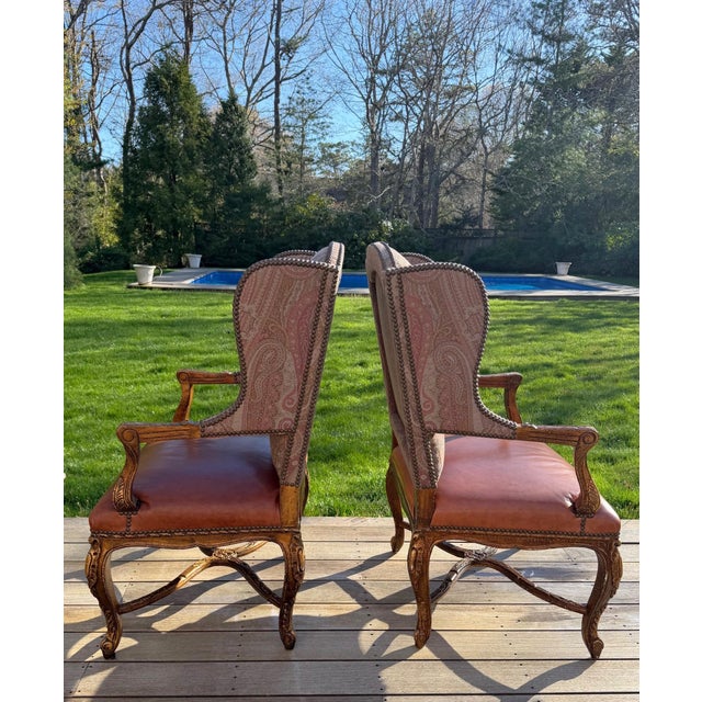 A Pair of Custom Ralph Lauren Wingback Lounge Chairs Upholstered in Leather and Paisley For Sale - Image 16 of 18