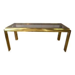1970s Sculptural Brass-Tone Aluminum and Smoked Glass Console Table For Sale