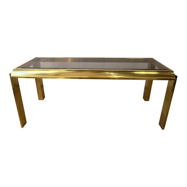 1970s Sculptural Brass-Tone Aluminum and Smoked Glass Console Table For Sale
