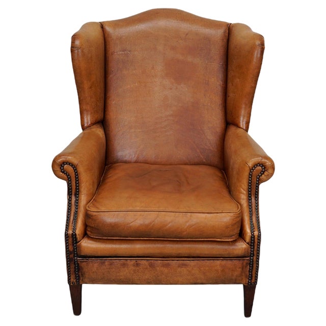 Vintage Dutch Cognac Wingback Leather Club Chair For Sale