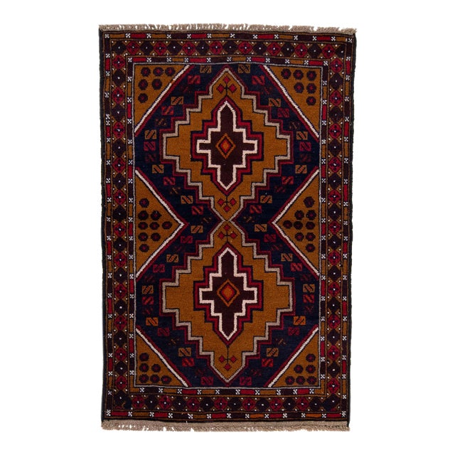 1960s Vintage Persian Balouch Handmade Red Medallion Wool Rug For Sale