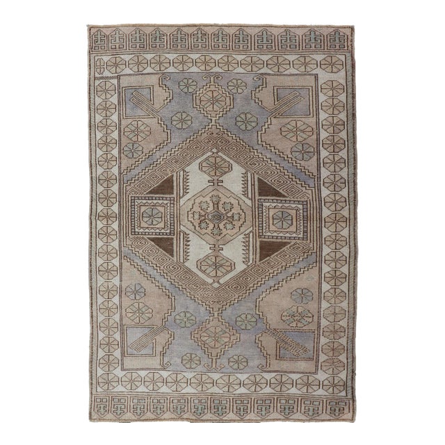 Vintage Turkish Oushak Rug in Pale Lavender, Taupe, and Cream With Medallion 4'3 X 6'8 For Sale