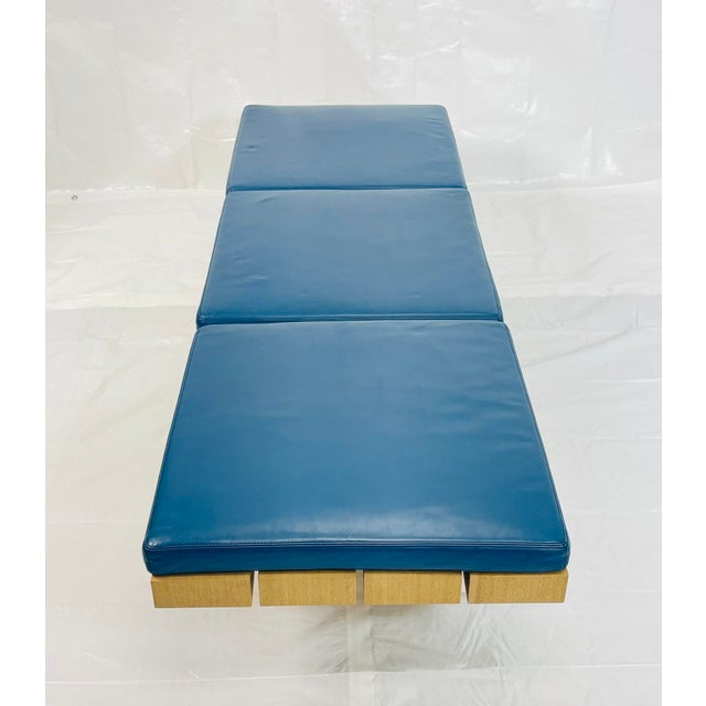 Wood 1980s Modernist Platform Bench With Blue Leather Cushions, Custom La Design For Sale - Image 7 of 18
